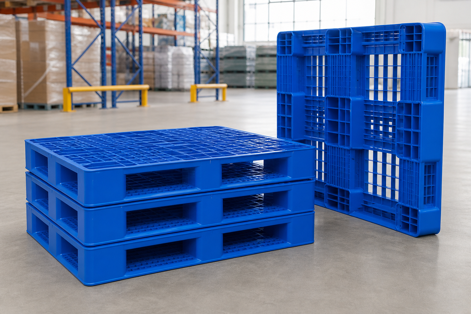 Blue reusable plastic pallets in a warehouse