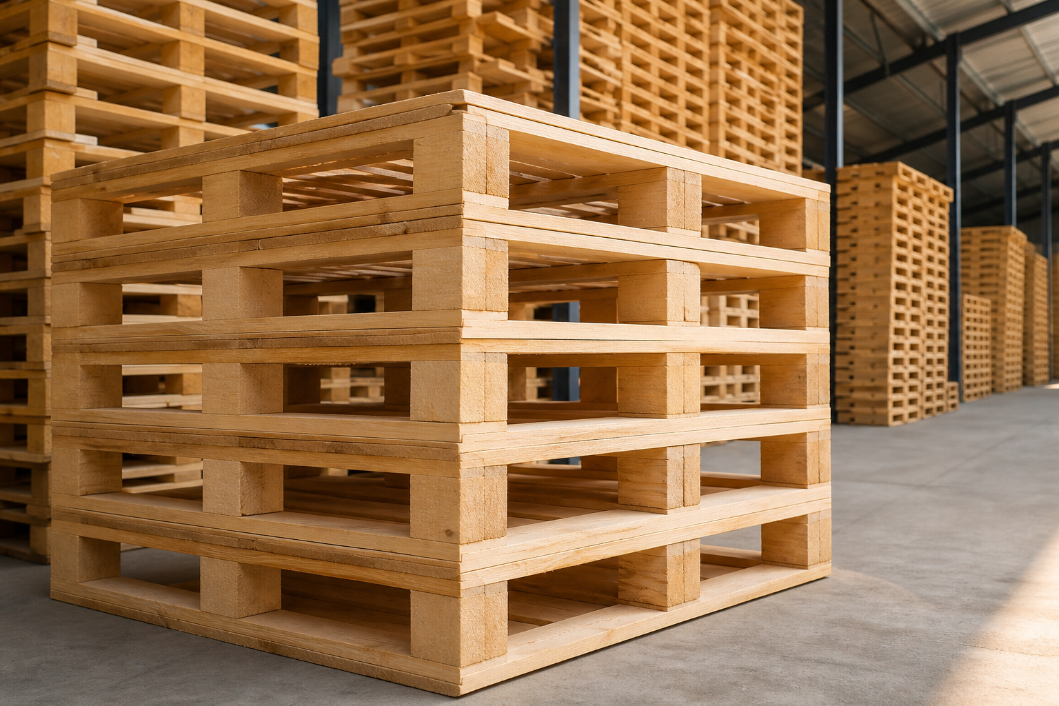 New wooden pallets in an industrial warehouse